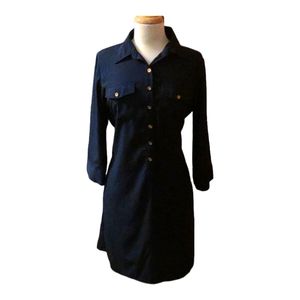 Navy blue long/3/4 sleeve button up midi collared dress w/ belt loops